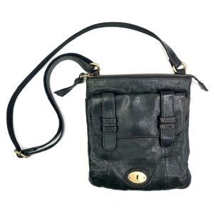 Fossil Dark Leather Crossbody Bag with Gold Accents